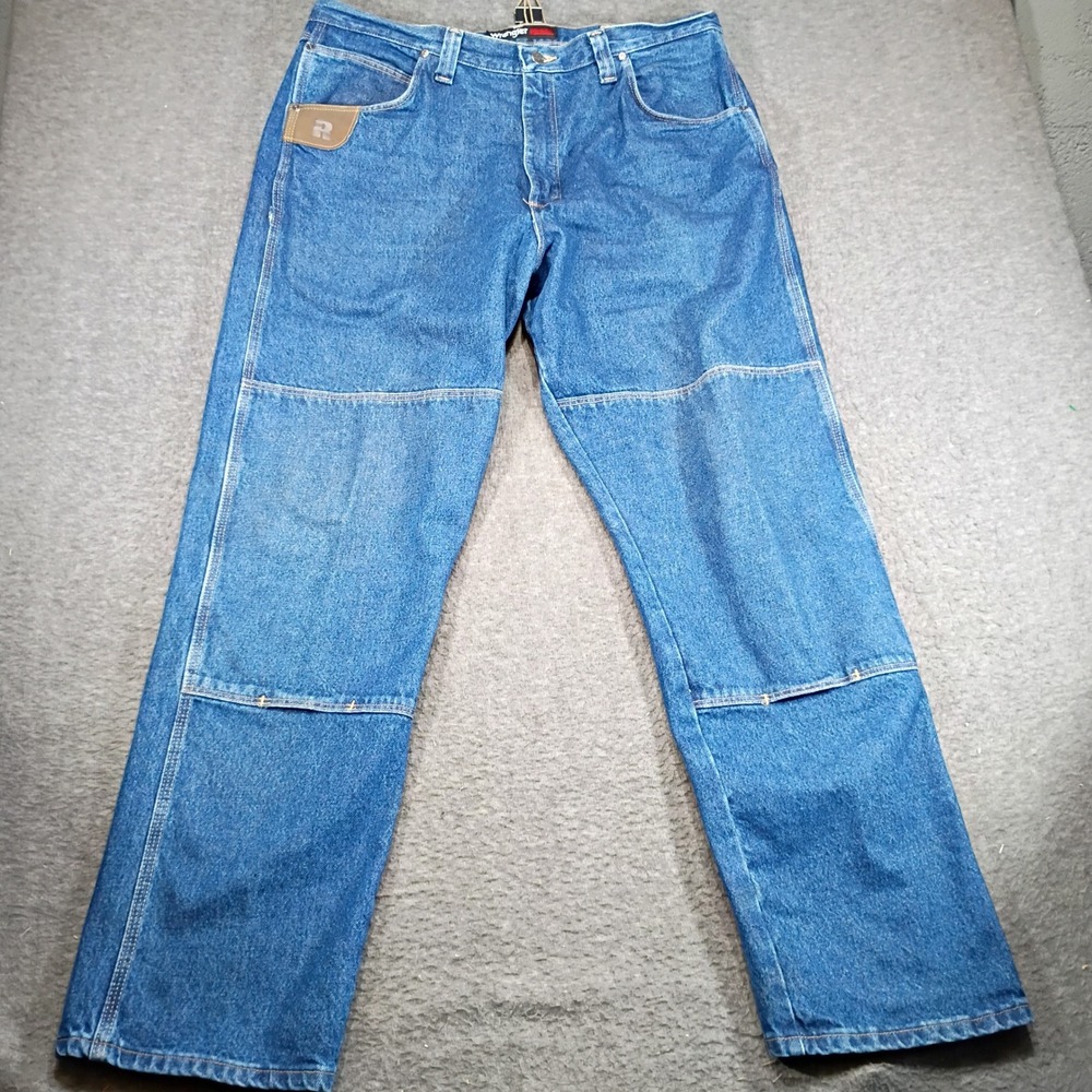 Wrangler Double Knee Jeans Mens 38x3 Denim RIGGS Workwear Blue Gussett Crotch